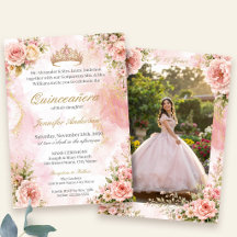 Quinceañera Rose et Or Floral avec Photo