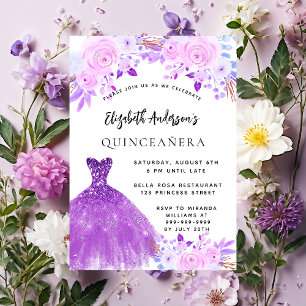 Invitation Quinceanera rose fleurs pourpres robe luxe
