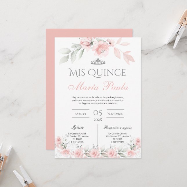 Invitation Quinceañera rose Floral (Devant/Arrière en situation)