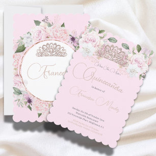 Invitation Quinceanera rose Floral Chic Tiara Moderne