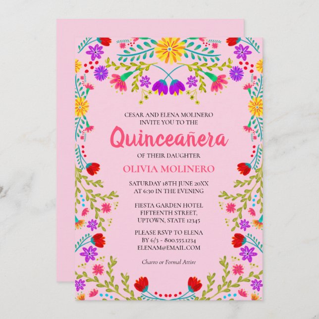 Invitation Quinceanera rose Floral mexicain 15e anniversaire (Devant / Derrière)
