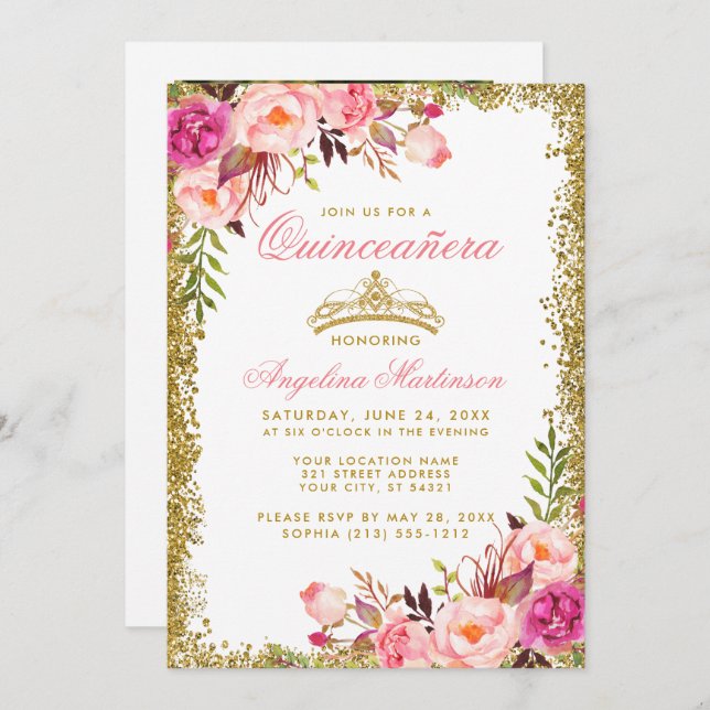 Invitation Quinceanera rose Floral Photo Parties scintillant  (Devant / Derrière)