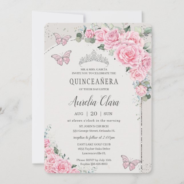 Invitation Quinceañera Rose Floral Princess 15 Años Papillon (Devant)