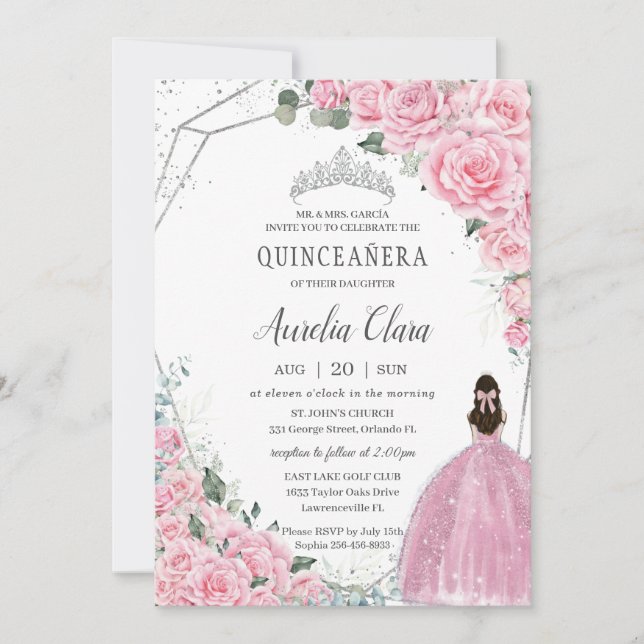 Invitation Quinceañera Rose Floral Princess Argent Anniversai (Devant)