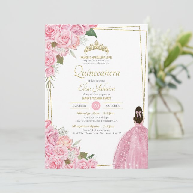 Invitation Quinceanera rose Floral Rose Quince Elegant Gown I (Debout devant)