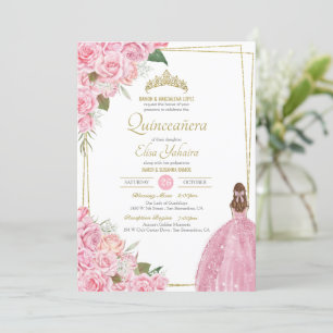 Invitation Quinceanera rose Floral Rose Quince élégante robe