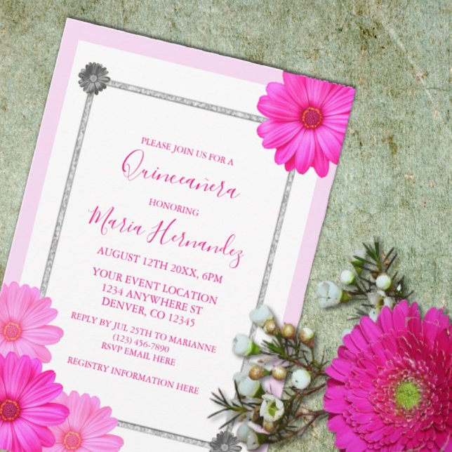 Invitation Quinceanera rose florale élégante (Créateur téléchargé)