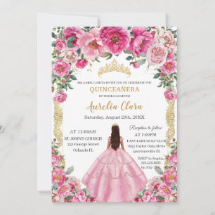 Invitation Quinceañera Rose Fuchsia Fleurs Papillons Couronne