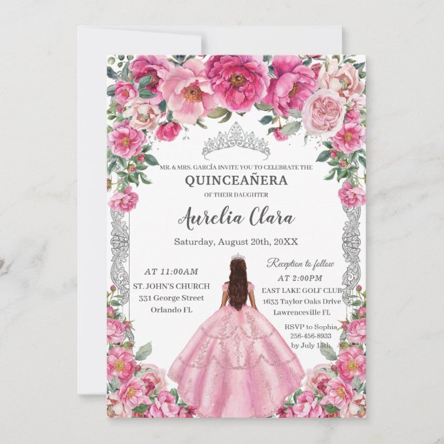 Invitation Quinceañera Rose Fuchsia Fleurs robe Gown Argent (Devant)