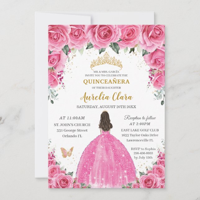 Invitation Quinceañera Rose Fuchsia Floral Princess Butterfly (Devant)