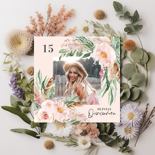 Invitation Quinceañera rose giri floral photo pampas élégant