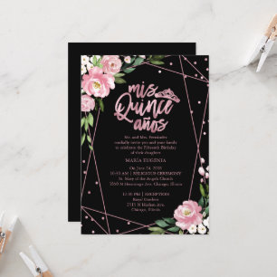 Invitation Quinceañera Rose Gold Feuille Rose Flor