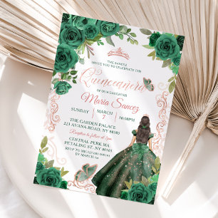 Invitation Quinceañera Rose Gold Hunter Green Floral