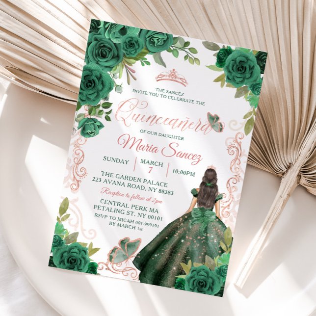 Invitation Quinceañera Rose Gold Hunter Green Floral (Créateur téléchargé)