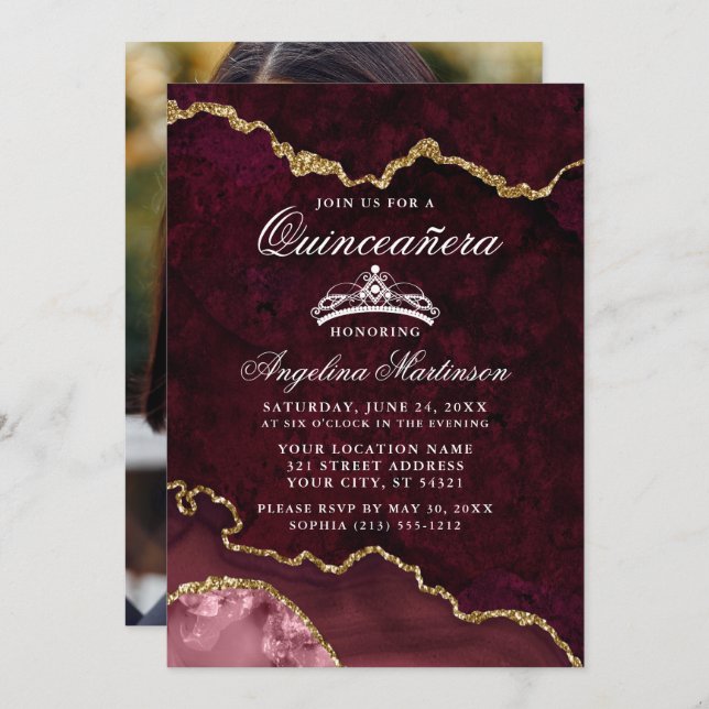 Invitation Quinceanera Rose Gold Marble Agate Géode Photo (Devant / Derrière)