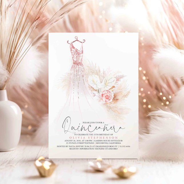 Invitation Quinceañera Rose Gold Pampas Grass 15e anniversair (Pink Gold Glitter Dress Quinceanera 15th Birthday Invitations)