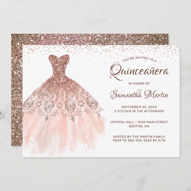 Invitation Quinceanera Rose Gold Parties scintillant robe Gla (Devant / Derrière)