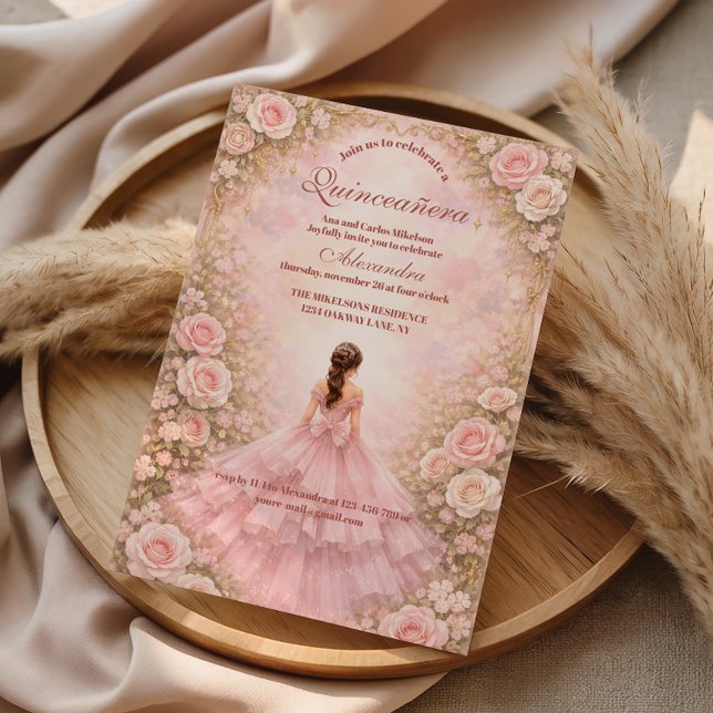 Invitation Quinceañera Rose Jardin Rose Pâle (Créateur téléchargé)