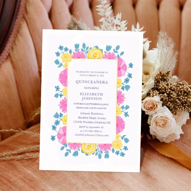 Invitation quinceañera rose jaune et bleu fleuri (Créateur téléchargé)