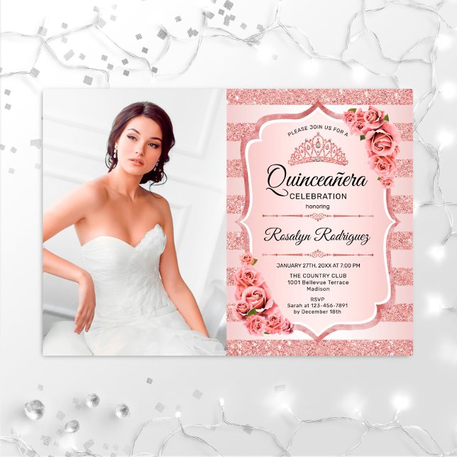 Invitation Quinceanera rose Or Avec Photo (Créateur téléchargé)