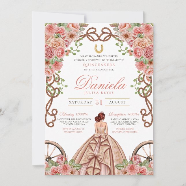 Invitation Quinceanera rose or occidental rose Floral (Devant)