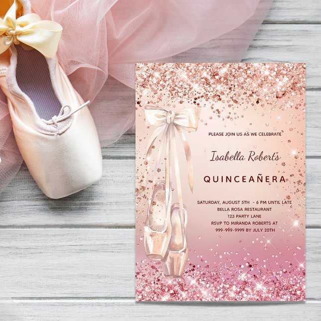 Invitation Quinceanera rose or rose ballerine luxe (Créateur téléchargé)