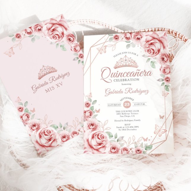 Invitation Quinceanera Rose or rose floral rose rose (Créateur téléchargé)
