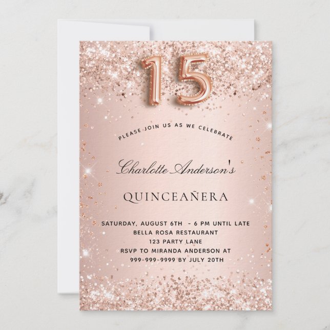Invitation Quinceanera rose or rousse parties scintillant pou (Devant)