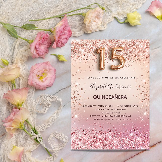 Invitation Quinceanera rose or rousse parties scintillant ros (Créateur téléchargé)