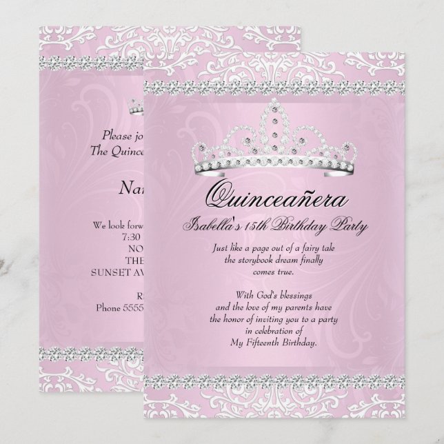 Invitation Quinceanera rose pâle 15e anniversaire fête Tiara (Devant / Derrière)