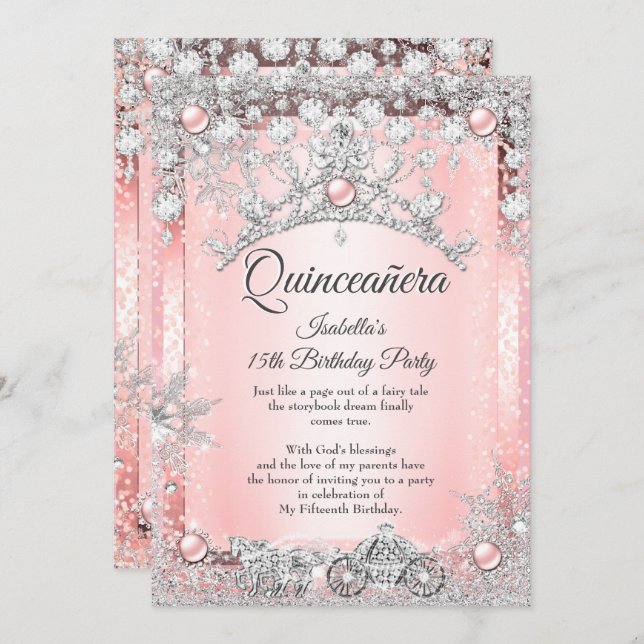 Invitation Quinceanera rose pâle 15e transport d'hiver (Devant / Derrière)