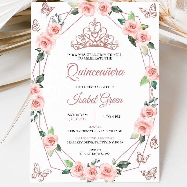 Invitation Quinceañera Rose Pâle et Or (Créateur téléchargé)