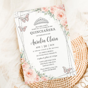 Invitation Quinceanera Rose Pâle Floral Papillons Argent