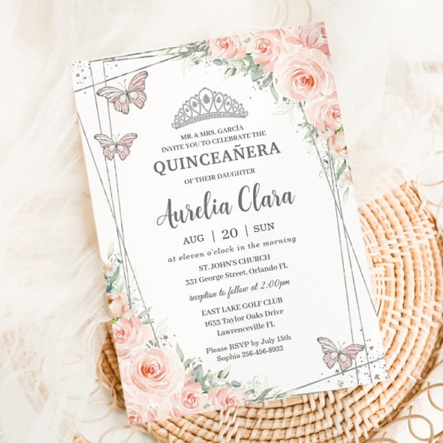 Invitation Quinceanera Rose Pâle Floral Papillons Argent (Créateur téléchargé)