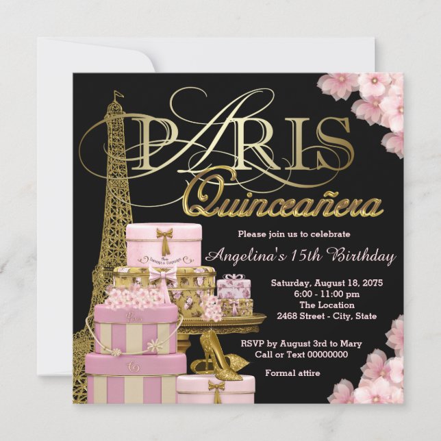 Invitation Quinceañera rose Paris (Devant)