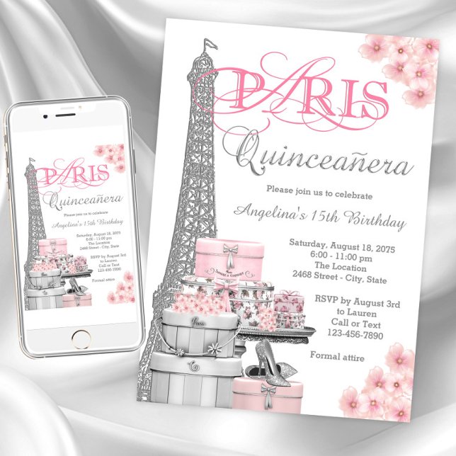Invitation Quinceañera rose Paris (Paris Quinceanera invitations. Instant download and printed invitations available.)