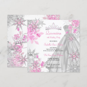 Invitation Quinceañera Rose Poudrée Flocon de Neige Hiver Mer