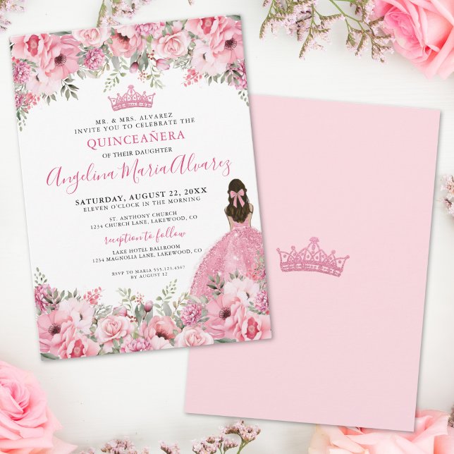 Invitation Quinceanera rose Rose floral (Floral Rose Pink Quinceanera Invitation)