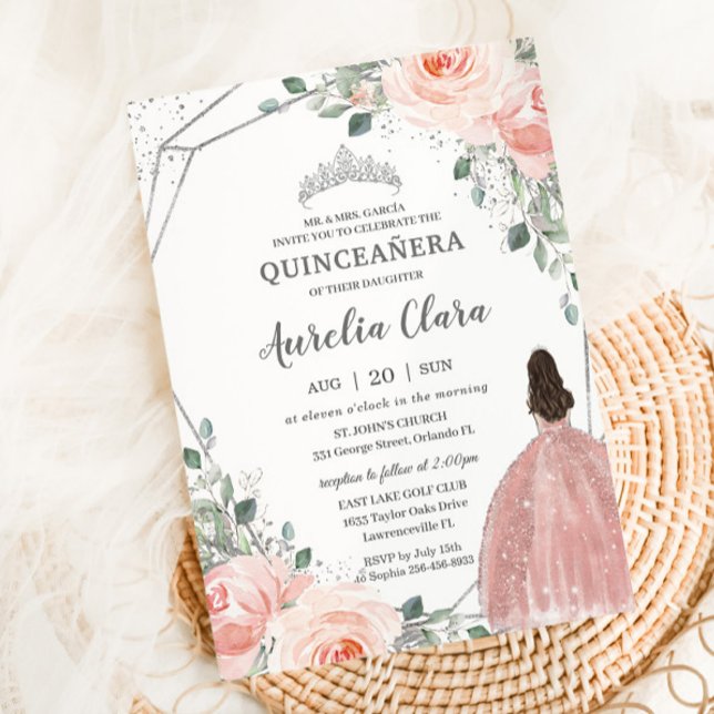 Invitation Quinceañera Rose rose pâle Floral Mis Quince Anos (blush-floral-flowers-silver-princess-dress-quinceanera-15th-sweet-16-birthday-party-Invitation)