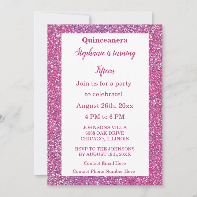 Invitation Quinceanera Rose Rose Parties scintillant or 15e a (Devant)