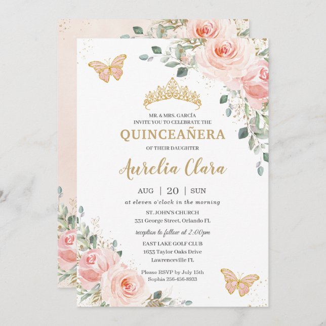 Invitation Quinceañera rose rose rose rose pâle couronne papi (Devant / Derrière)