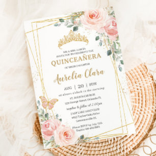 Invitation Quinceañera rose rose rose rose rose papillon flor
