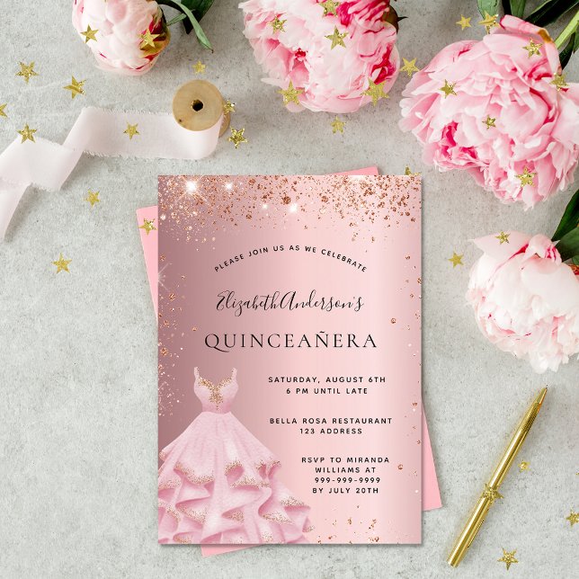 Invitation Quinceanera rose rose rose rose rose robe luxe (Créateur téléchargé)