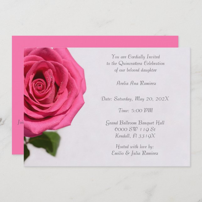 Invitation Quinceañera rose rose simple (Devant / Derrière)