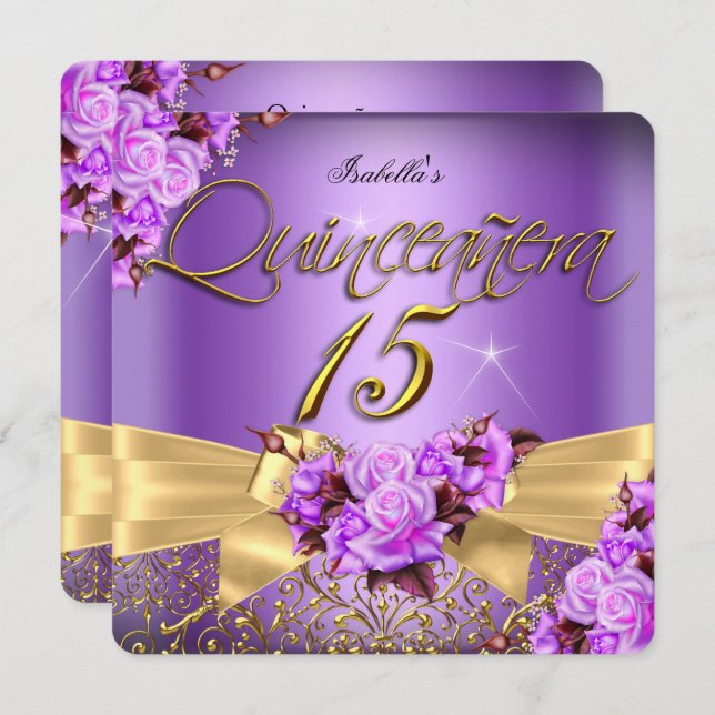 Invitation Quinceanera Rose rose violet Anniversaire Bow or (Devant / Derrière)