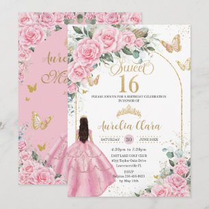Invitation Quinceañera Rose Roses Floral Brunette Girl Gold
