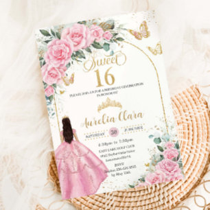 Invitation Quinceañera Rose Roses Floral Brunette Girl Gold