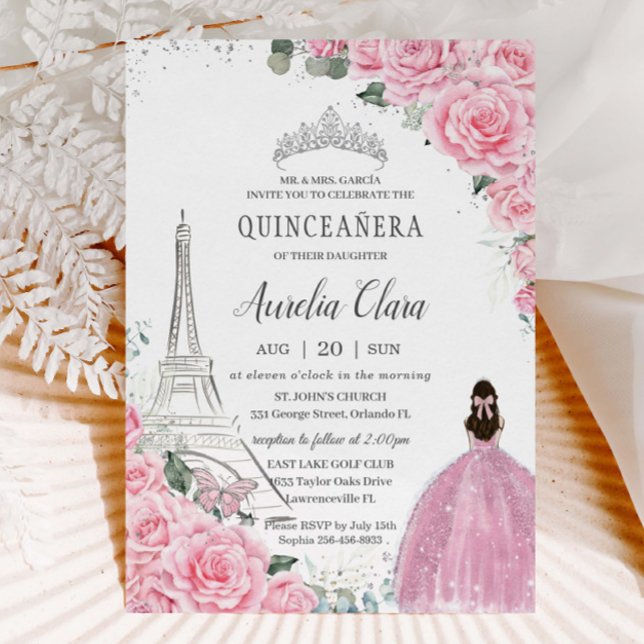 Invitation Quinceañera Rose Roses Floral Paris Eiffel Argent (baby-pink-floral-roses-silver-eiffel-tower-paris-quinceanera-xv-sweet-sixteen-birthday-invitation)