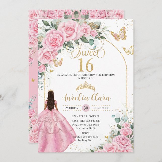 Invitation Quinceañera Rose Roses Floral Tan Brown Girl Or (Devant / Derrière)