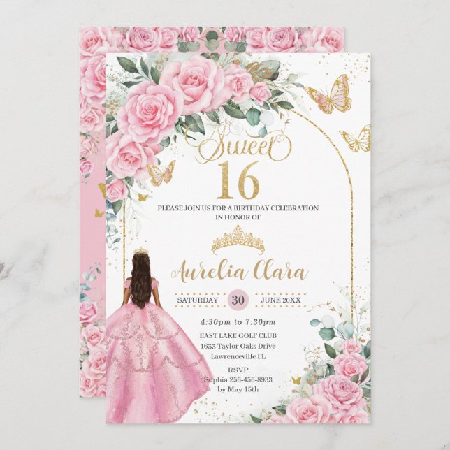 Invitation Quinceañera Rose Roses Floral Tan Brown Girl Or (Devant / Derrière)